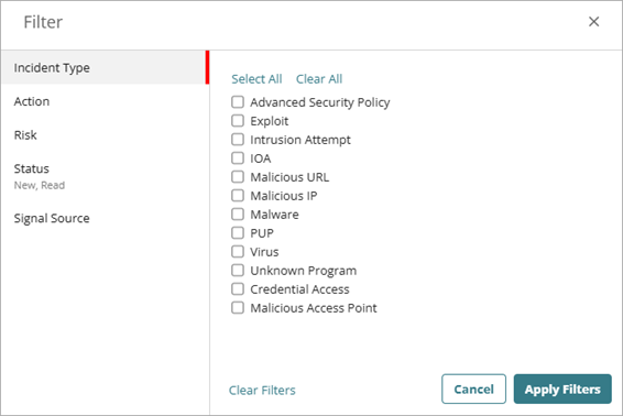 Screen shot of the Incident Type tab in the Filter dialog box